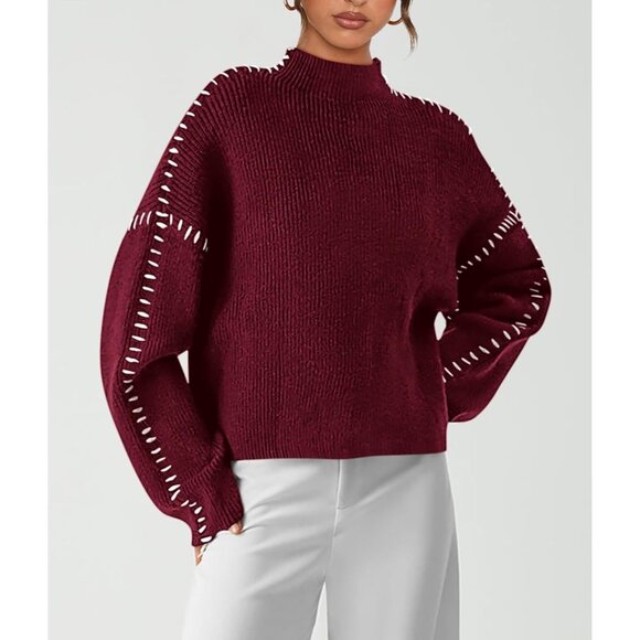 Prettygarden Women's Red Fall Long Sleeve Mock Neck Oversized Chunky Sweaters - Picture 4 of 7